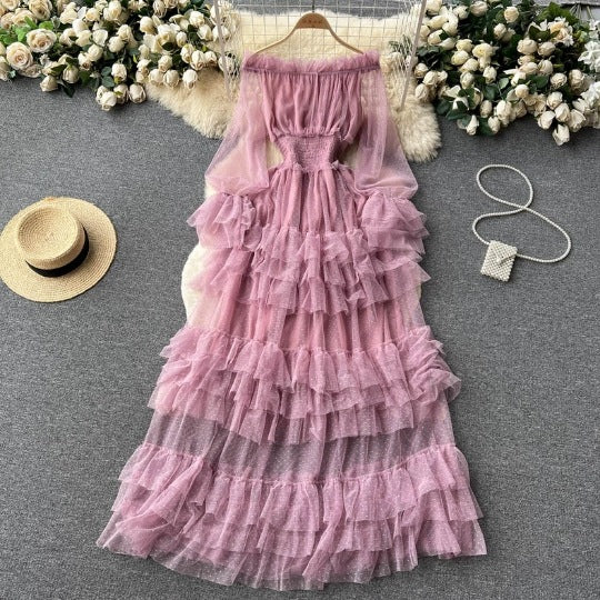 summer outfits inspo French Style High-Grade Ruffled Mesh Cake Dress Women's Waist Slimming Temperament off-Shoulder Super Fairy Long Skirt