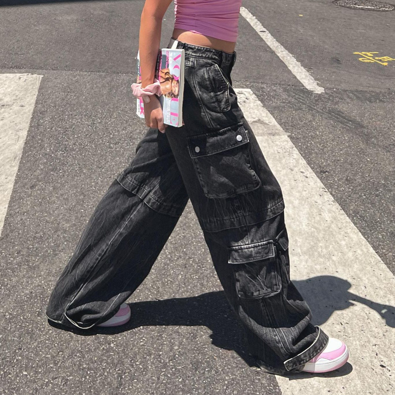 grunge outfits Street Loose Denim Pairs of Pocket Workwear Style Retro Washing Heavy Industry Low Waist Hot Girl Trousers Women Straight