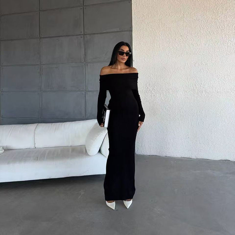 long sweater dress outfit Autumn and Winter Elegant Slim-Fit Sheath Slimming off-Shoulder Collarbone Black and White Stripe Knitted Dress