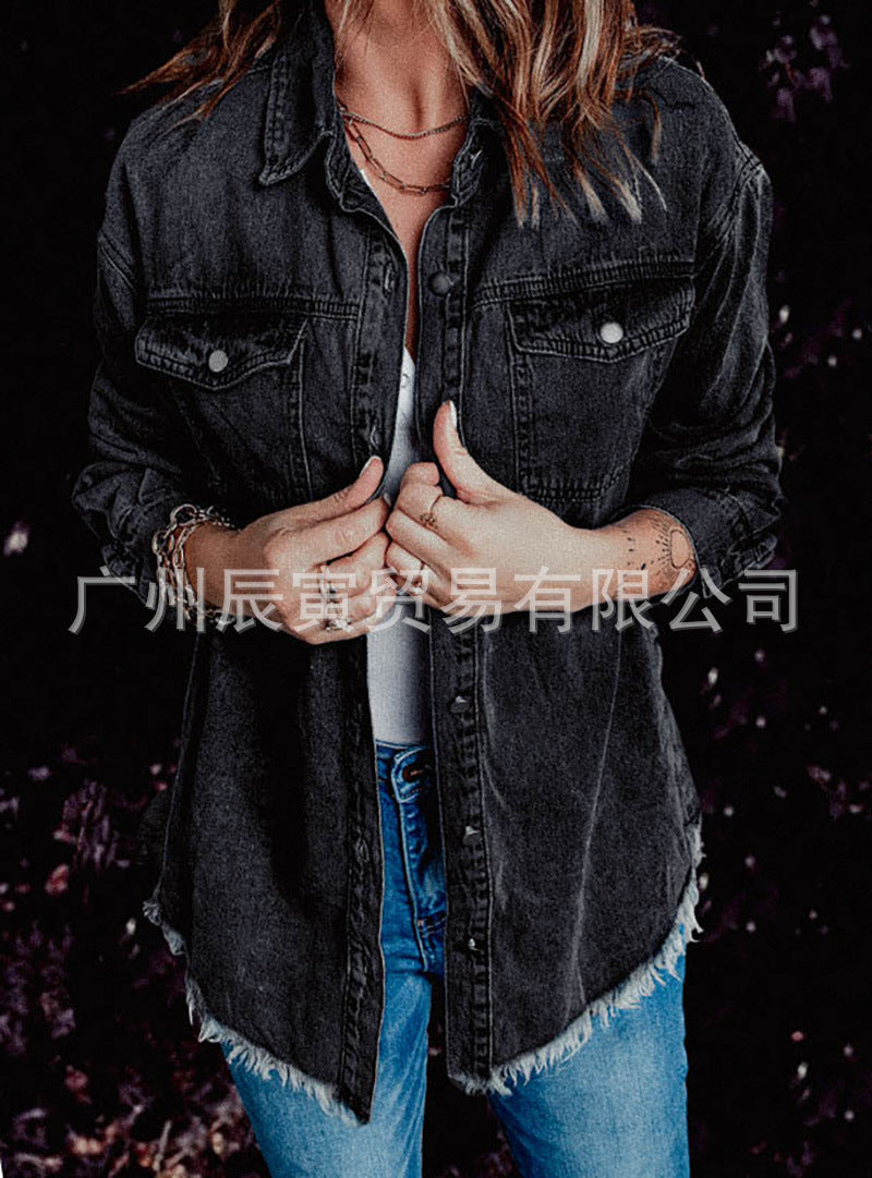 fashion outfits INS Autumn Street Hipster Denim Lapel Loose Simple Women's Shirt Three Colors Size 5