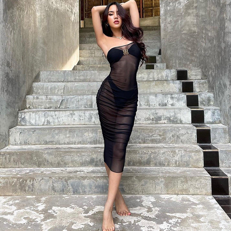 going out outfits Style Women's Clothing Summer New Mesh Transparent One-Shoulder Sleeveless Sexy Hot Girl Dress