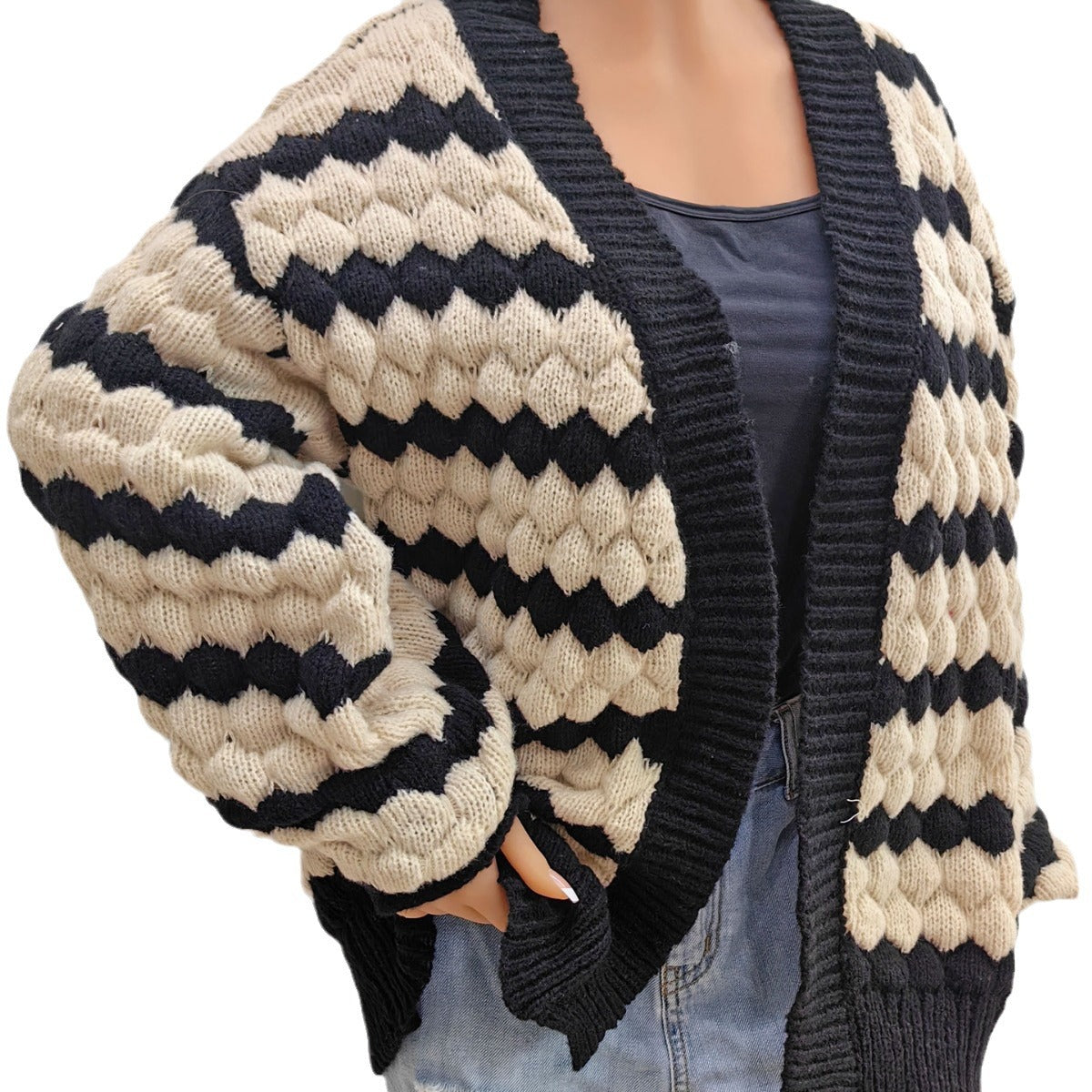 sambas outfits Women's Sweater Coat Women's Pineapple Three-Dimensional Contrast Color Stitching Striped Sweater Cardigan