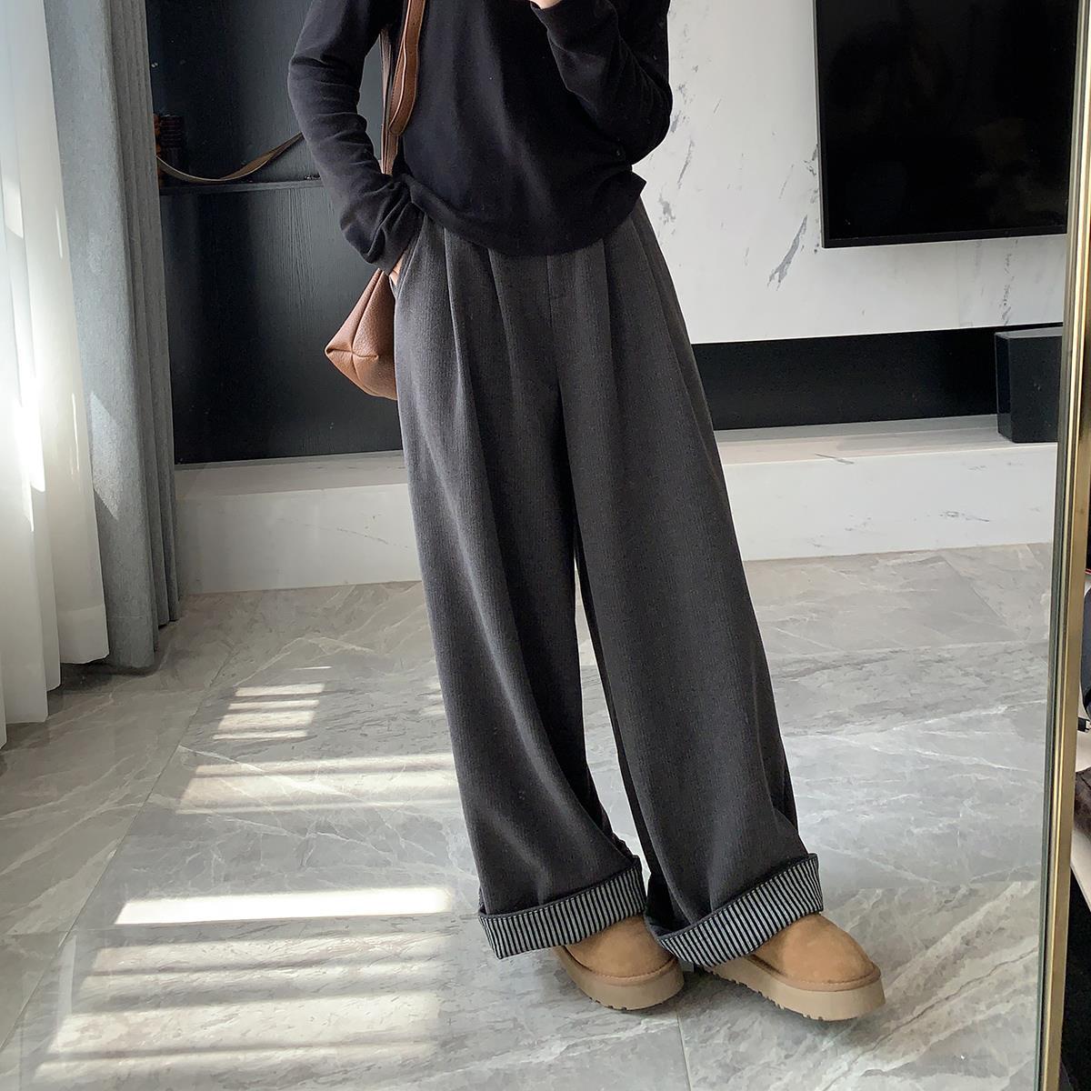 fall outfits women Flanging Design Fleece Wide-Leg Pants Autumn and Winter New High Waist Loose Slimming Korean Casual Trousers
