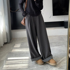 fall outfits women Flanging Design Fleece Wide-Leg Pants Autumn and Winter New High Waist Loose Slimming Korean Casual Trousers