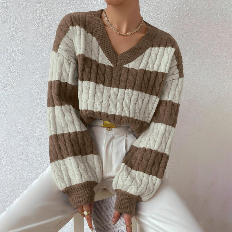 sambas outfits Autumn and Winter Lazy Style New Knitwear Loose Fashion Women's V-neck Retro Contrast Color Striped Sweater
