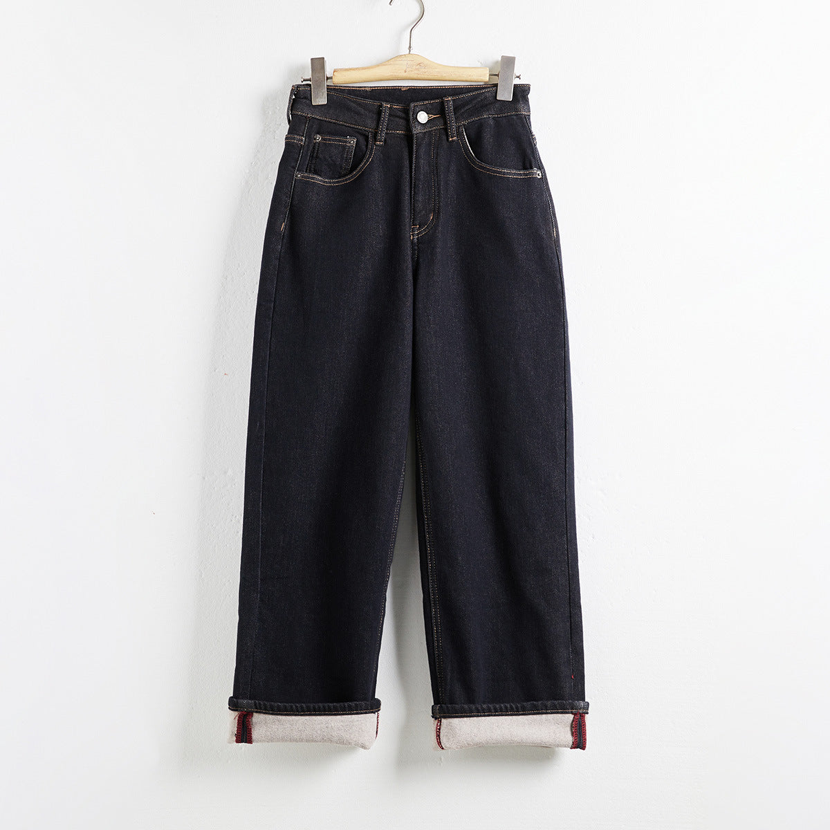 tailgate outfit black women Black High Waist Jeans Winter Loose Slimming Flocking Warm Wide Leg Pants
