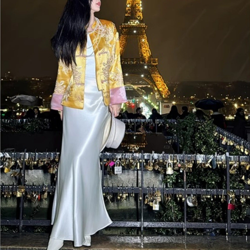 business casual outfits French Ice Silk Mid-Length Satin Skirt Women's 2024 Summer Pear-Shaped High Waist A- line Acetate Fishtail Skirt