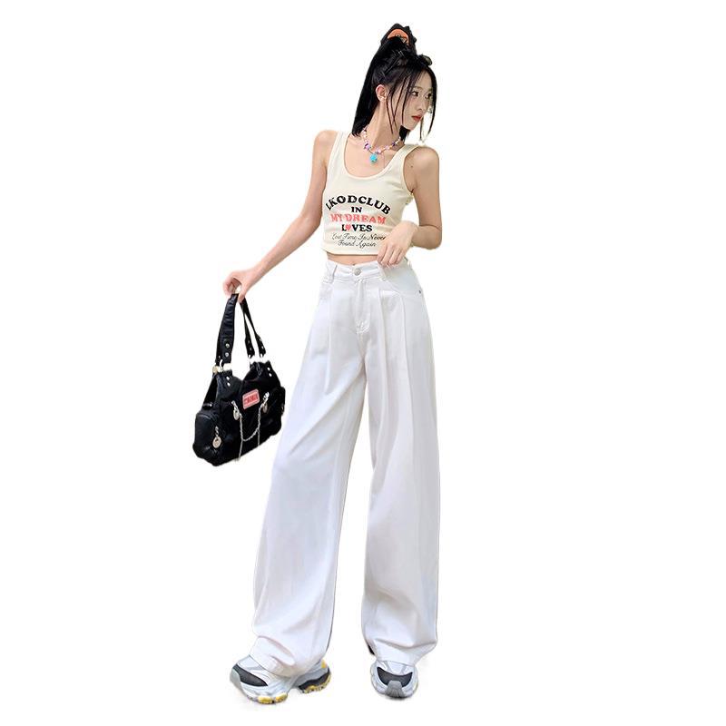 work outfits women White Straight Jeans Women's High Waist Spring and Summer New Slimming Loose Wide Leg Mop Pants