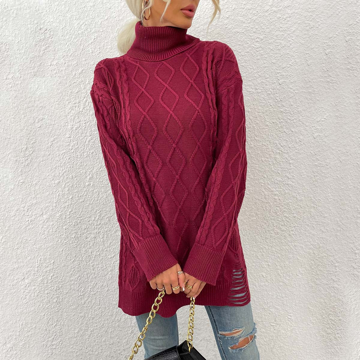 tailgate outfit black women Women's Sweater Sweater Thick Line Rhombus Woven Sweater Dress Personality Solid Color