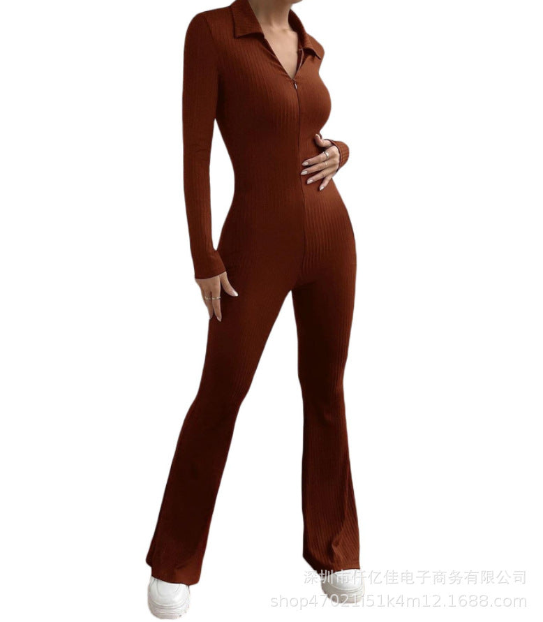 dream clothes Women's Long-Sleeved Zipper Jumpsuit Shirt Collar Hip Lifting Slim-Fit Sexy Flared Trousers Jumpsuit
