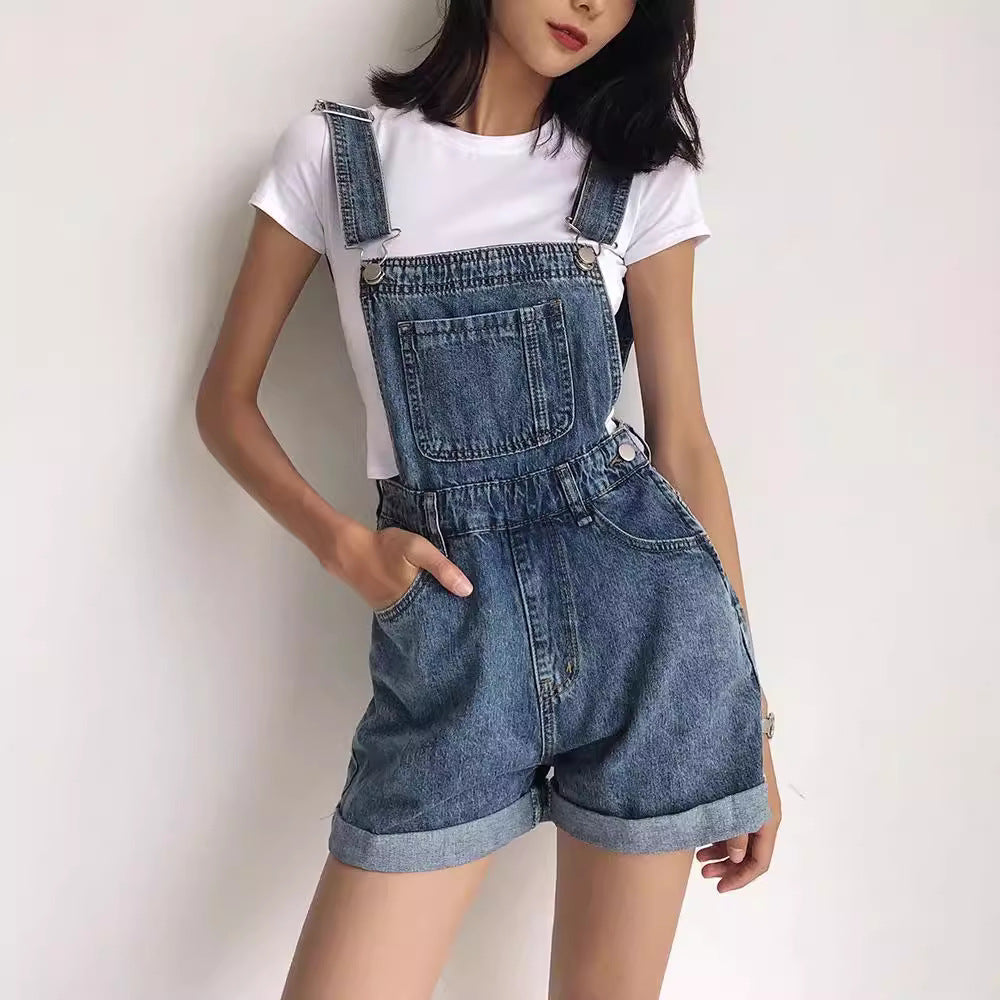 Summer Korean Style Student Denim Suspender Pants Women's Preppy Style Wide Leg Shorts Loose Curling Denim Tide