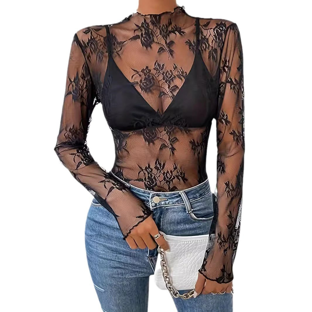 2000s fashion Women's Printed Tulle Mesh Mock Collar Lettuce Trim Long Sleeve Blouse Sexy Top