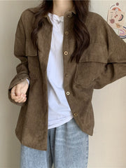 fall outfits aesthetic Early Spring Loose Mid-Length Shirt Retro Hong Kong Style Long Sleeve Corduroy Coat Women's Clothing Design Sense Niche Shirt