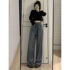 joker costume female outfit American Retro Straight Jeans Women's Spring High Waist Lace-up Wide Leg Draping Mop Pants