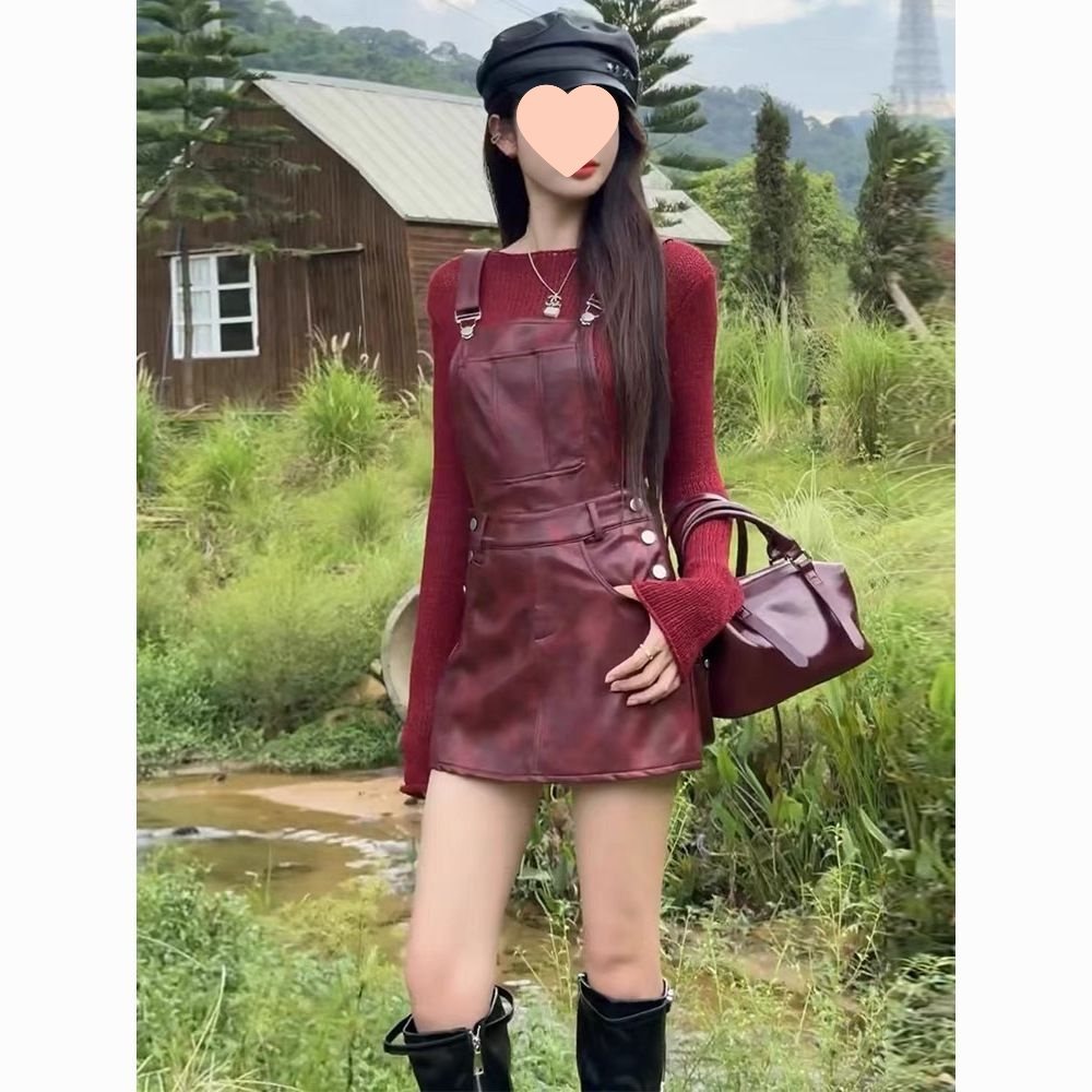 90s fashion American Temperament Strap Dress Women's Clothing Early Autumn New Long-Sleeved Sweater Hot Girl Niche Leather Skirt Fashion Suit