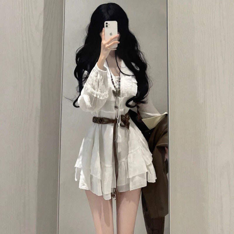 halloween costumes Small French Style White Short-Sleeved Dress Short Leather Coat Women's Sweet Summer Short Skirt Suit