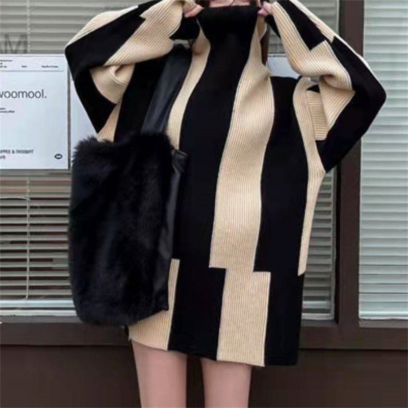 2000s fashion Korean Style Elegant All-Match Black and White Striped Sweater Women's Autumn and Winter New Loose Lazy Style Turtleneck Pullover Sweater