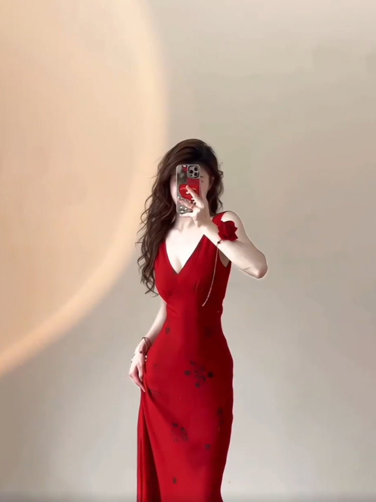 BXOXO - Sexy Mermaid V Neckline Christmas Dress Red Satin Prom Dresses Birthday Outfits HOT1170