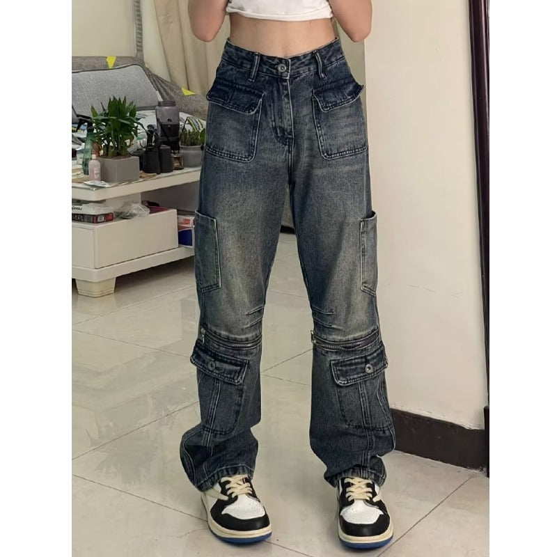 grunge outfits American Retro Street Style Distressed Washed Design Zipper Pocket Denim Straight Trousers Men and Women Casual