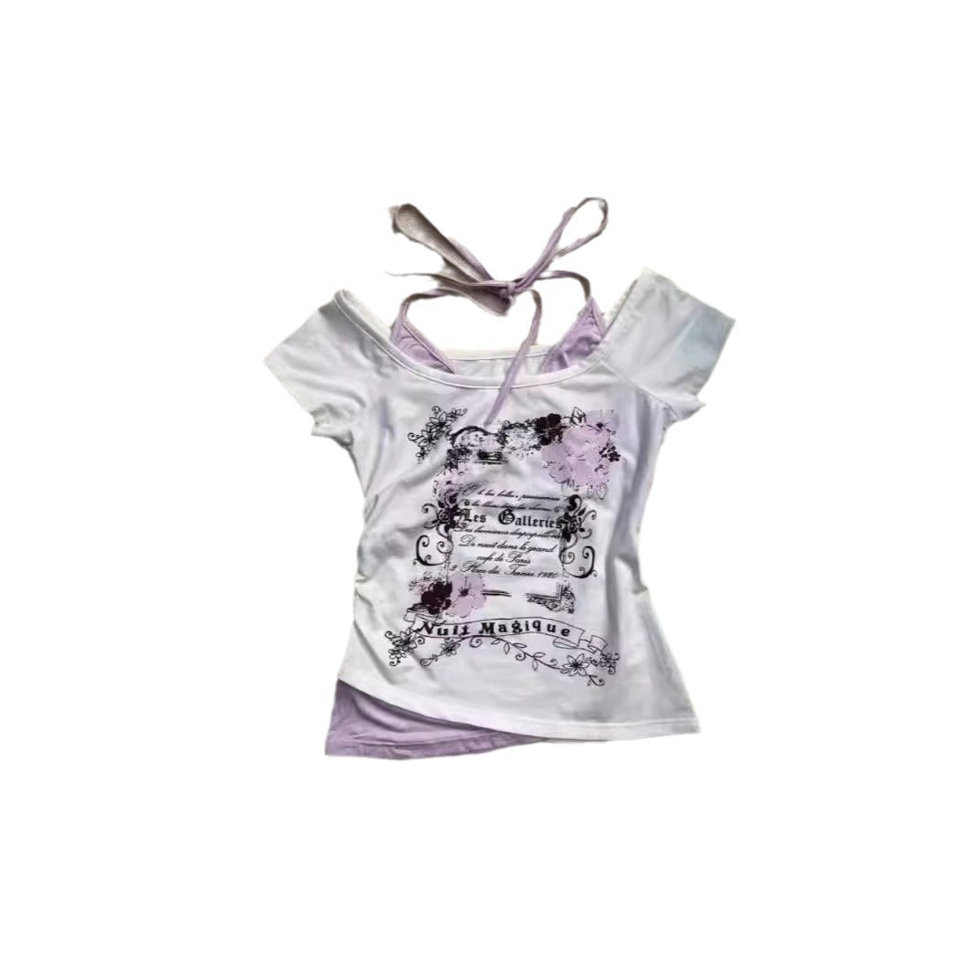 fashion outfits Feishi Style Retro Vintage Halter Fake Two-Piece Short-Sleeved T-shirt Mid-Ancient Summer Short Top