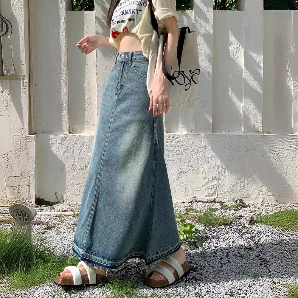 90s fashion Autumn New Women's Retro Frayed Denim Skirt High Waist Slimming A- line Large Swing Dress Sexy
