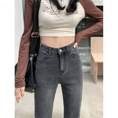 outfit inspo Gray Micro Flared Jeans Women's Fashion All-Match Thin New High Waist Stretch Slim Slimming Horseshoe Long Pants