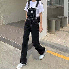 tailgate outfit black women Black Denim Suspender Pants Women's Korean-Style Loose Autumn High Waist Thin Straight Wide Leg Jumpsuit