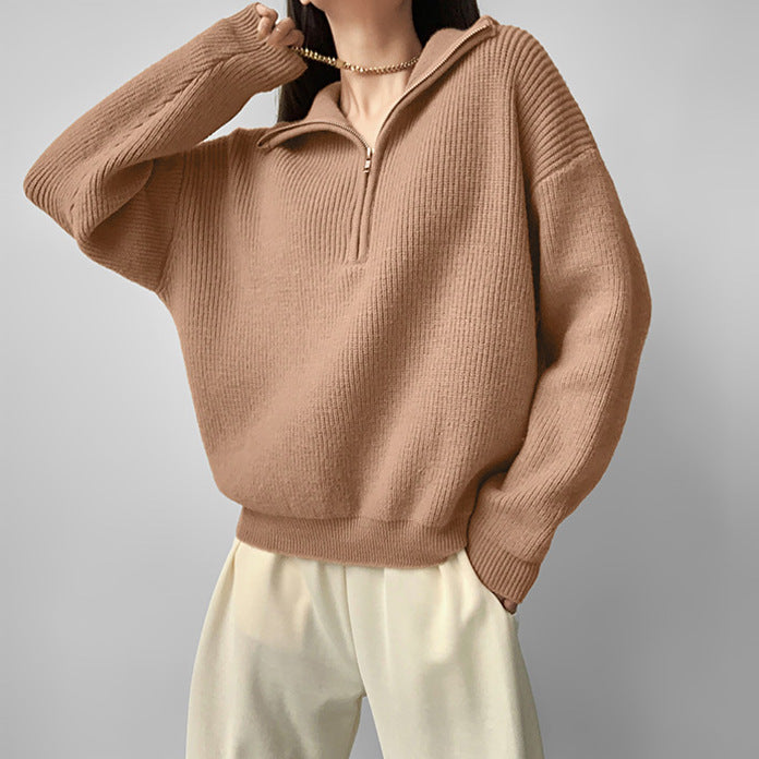 game outfit woman Autumn and Winter Half Zipper Sweater Women's Pullover High-Grade Loose Lazy Style Solid Color Knitted Lapel Top