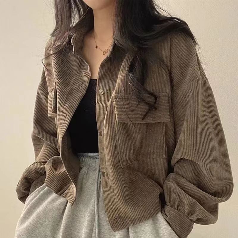 fall outfits aesthetic Corduroy Shirt Chic Spring French Retro All-Match Single-Breasted Lapel Long Sleeve Coat for Women