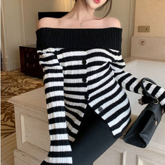 long sweater dress outfit Off-Neck Striped Pleated Sweater Women's Chic Slim Top Autumn Short Long Sleeve