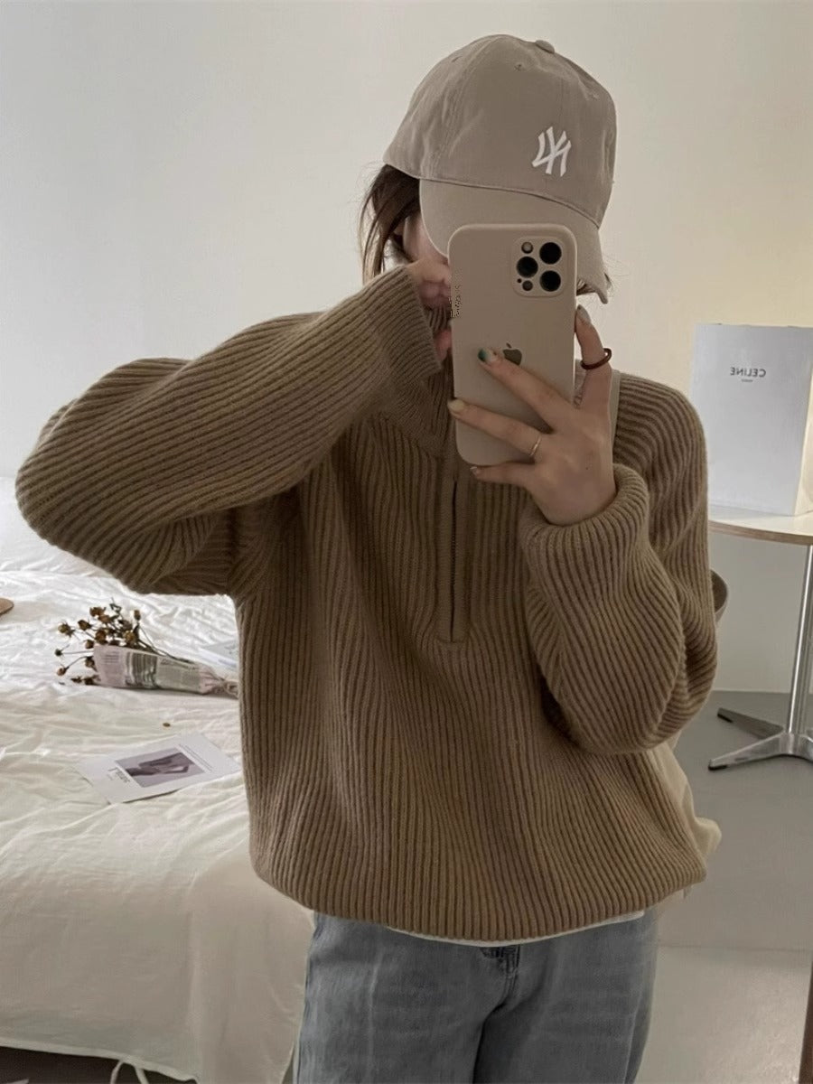 clothes Korean Style Half Zipper Sweater Women's Autumn and Winter New Style Pit Design Sense Stand Collar Soft Glutinous Loose Outer Wear Sweater Top