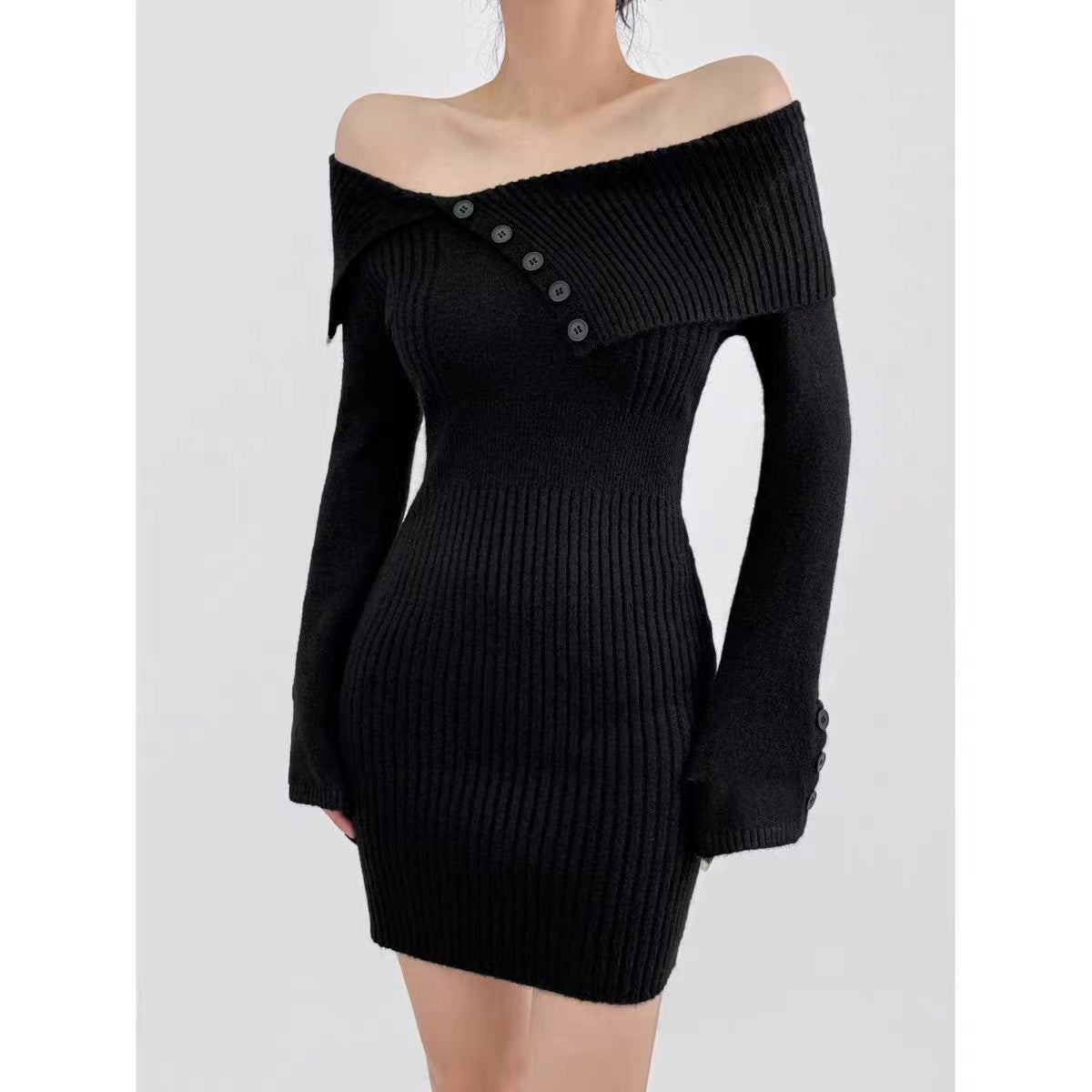 winter outfits women Sexy off-Shoulder Lapel Knitted Dress Autumn and Winter Women's Sweater Slim Hip Skirt