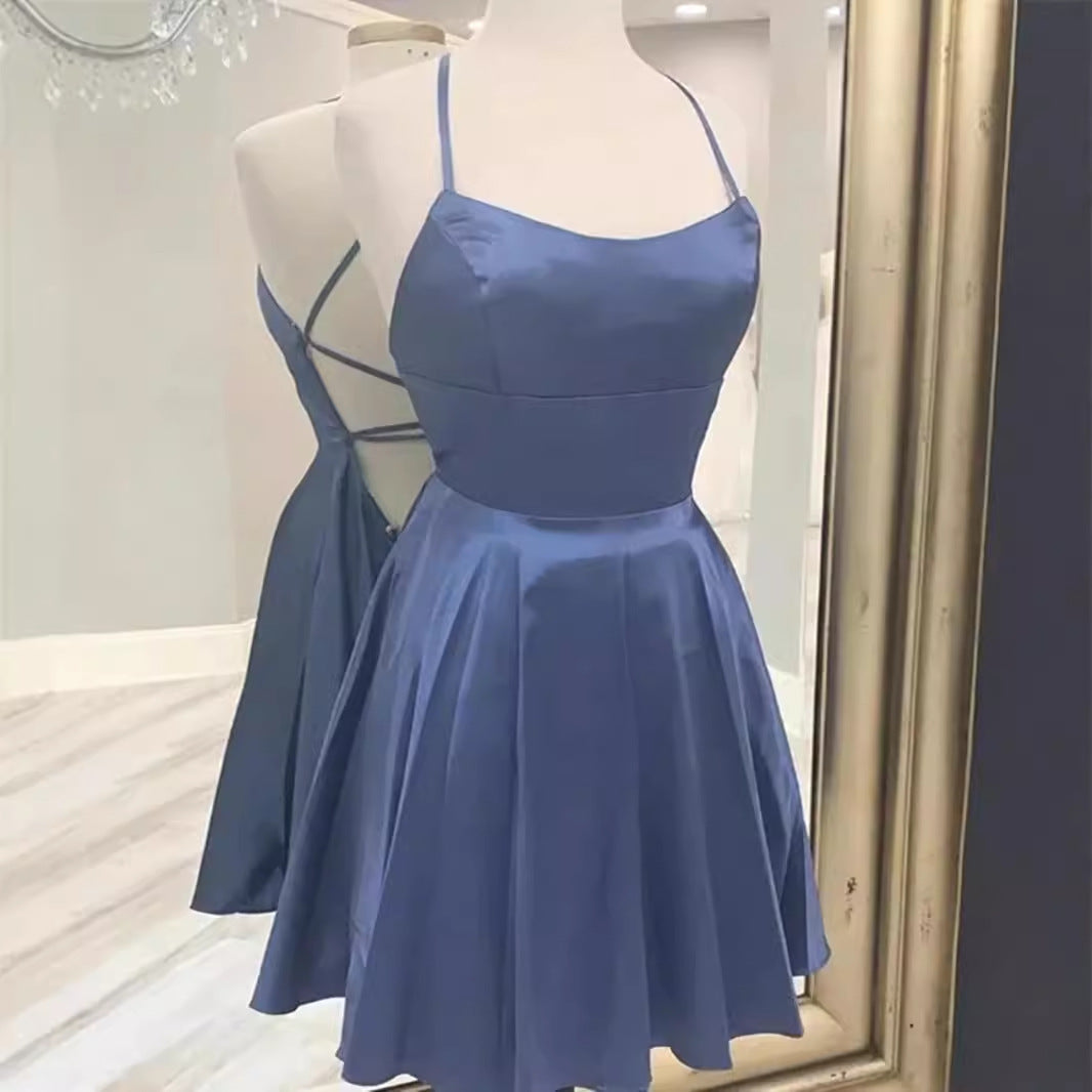 prom dresses Blue Strap Engagement Evening Dress Women's French-Style High-End Light Luxury Niche Host Hepburn Style Princess Dress