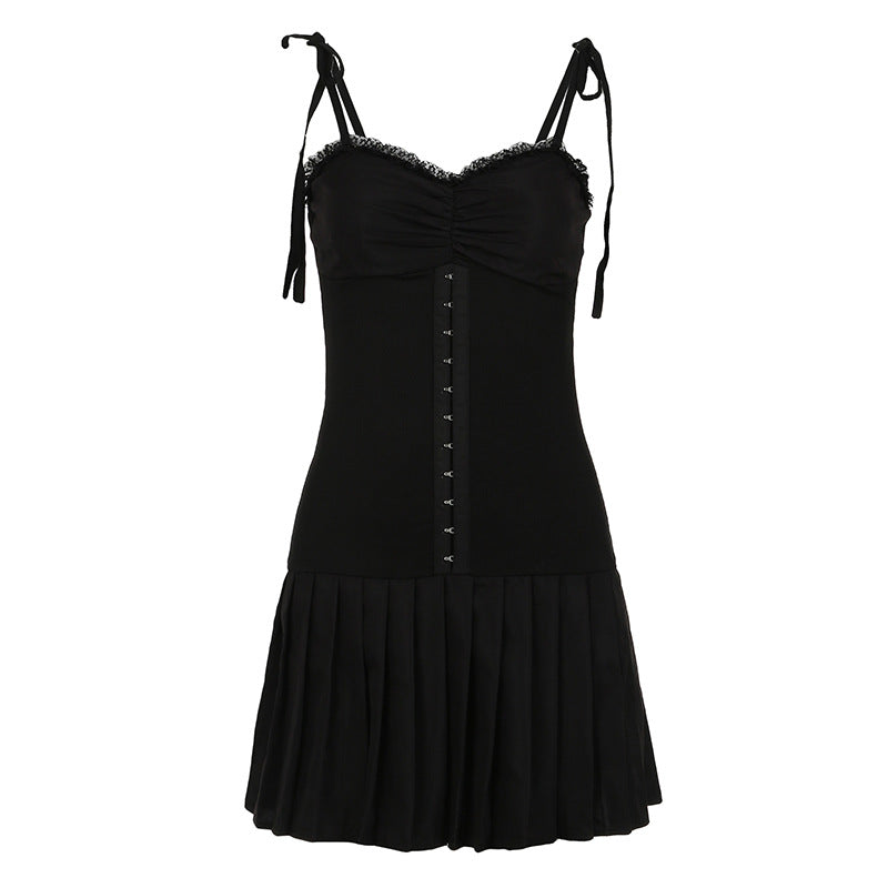 y2k outfits Fashion Design Pleated Slimming Hook Buckle Waist Tight Solid Color Sling Pleated Dress