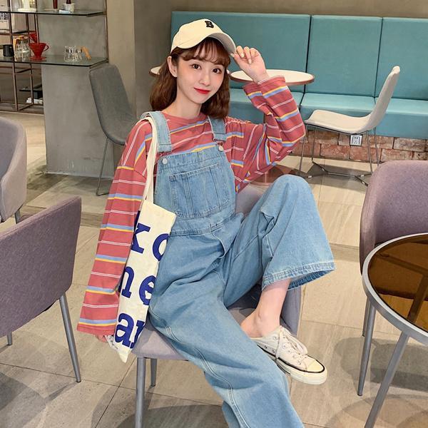 90s fashion Soft Girl Suspender Pants Japanese Style Small Xs Cute High Waist Cropped Wide Leg Pants Denim Suspender Pants Women's Western Style Age-Reducing