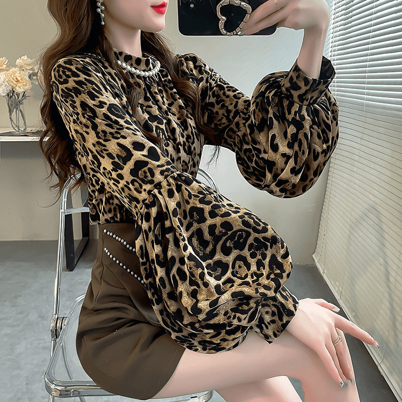 business casual outfits Leopard Print Fashion Top Independent Lantern Sleeve Loose Temperament Shirt for Women