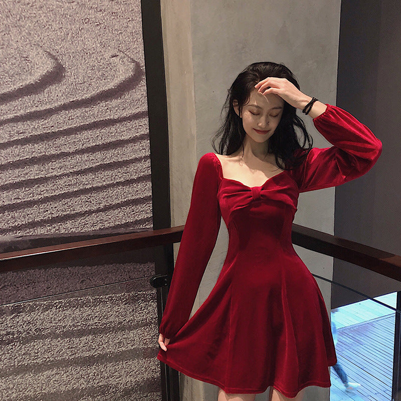 new year outfit French Style Dress New Year Clothes Women's Battle Dress Hepburn Style Velvet Dress Red Retro Square Collar Bottoming Dress
