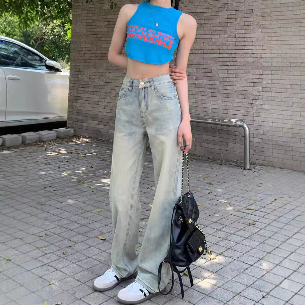 outfit inspo fall Light Blue Jeans High Waist Mopping Pants Women's Summer American Retro Loose Wide Leg Pants Straight Pants Drape Pants