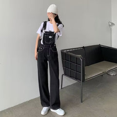 tailgate outfit black women Black Denim Suspender Pants Women's Korean-Style Loose Autumn High Waist Thin Straight Wide Leg Jumpsuit