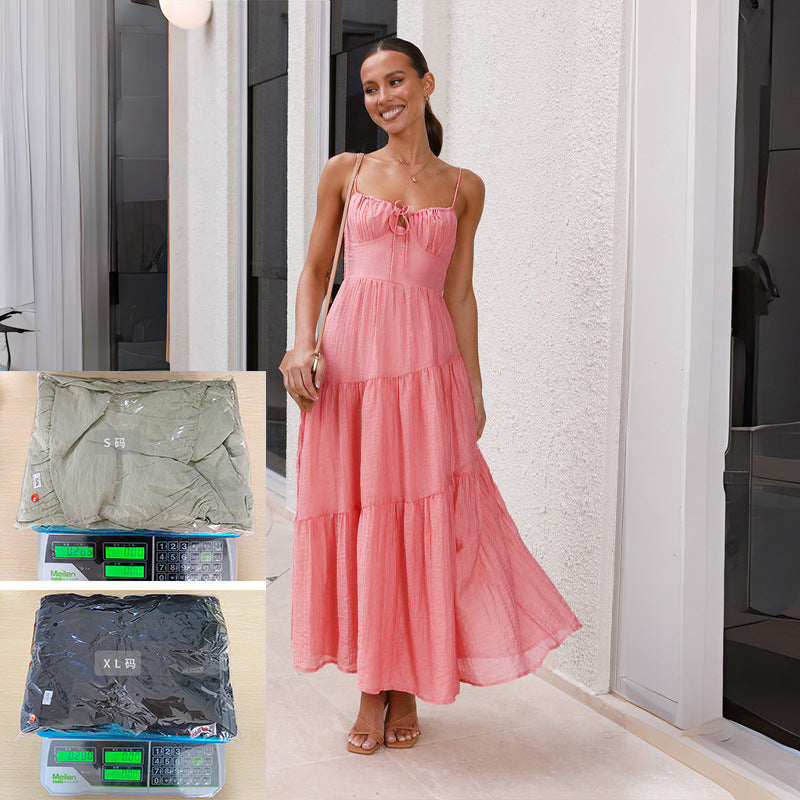 church outfit Women's Stitching Strap Long Backless Lace-up Large Swing Dress with Lining