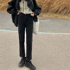 outfit inspo Black Straight Jeans Women's BF Style High Waist Loose Autumn and Winter Slimming High Retro Wide Leg Cropped Pants Fashion Ins