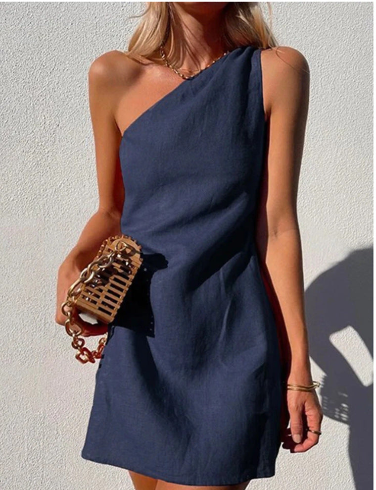 casual summer outfits Wishl New Women's Clothing New Solid Color Slim Temperament Commuter Shoulder Dress