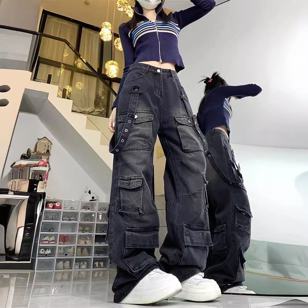 fashion outfits Multi-Pocket Workwear Jeans Wide Leg Loose Niche Washed Distressed Pants
