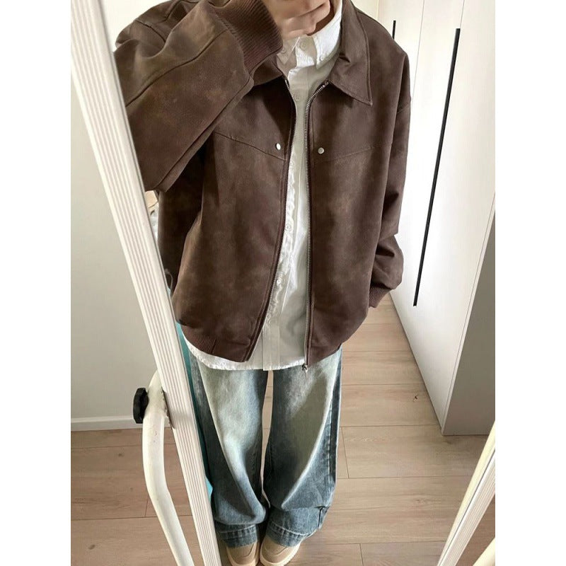 men fall outfits casual American Retro Brown Brown Baroque Coat Men's Autumn and Winter Maillard Wear Vintage Lapel Workwear Jacket