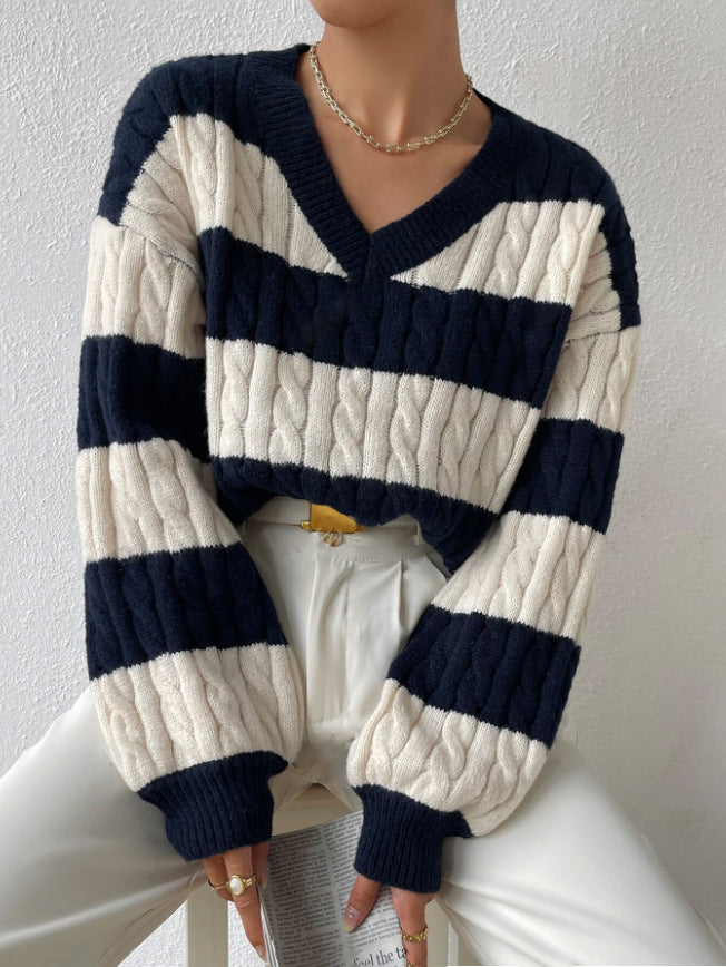 sambas outfits Autumn and Winter Lazy Style New Knitwear Loose Fashion Women's V-neck Retro Contrast Color Striped Sweater