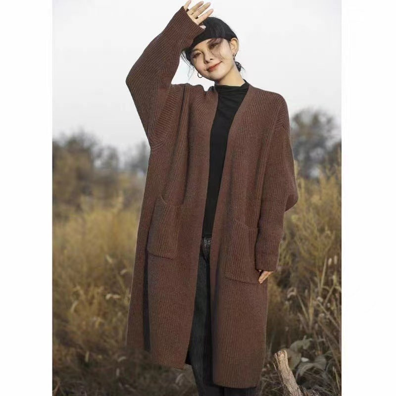 fall outfits Solid Color Knitted Cardigan Women's Autumn and Winter Loose Temperament V-neck Lazy Style Mid-Length over-the-Knee Sweater Coat Fashion