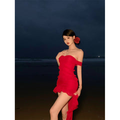 y2k outfits Sexy Hot Tube Top Flower Chiffon Dress Women's Trailing Slim-Fit Sexy Red Dress