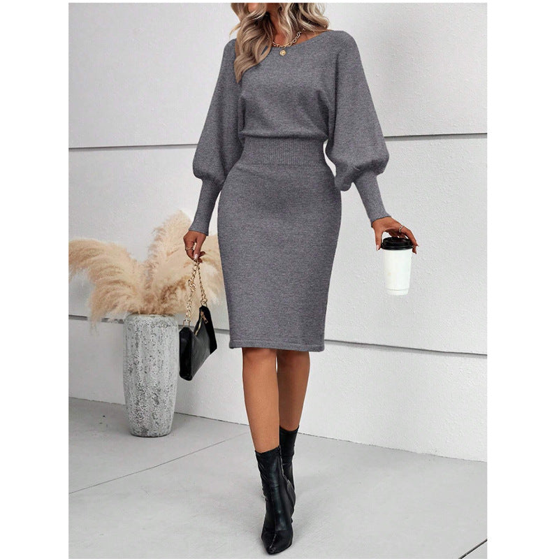 black sweater dress outfit Women's Knitted Sweater Dress Elegant round Neck Long Sleeve Sexy Solid Color Waist Slimming Sheath Skirt