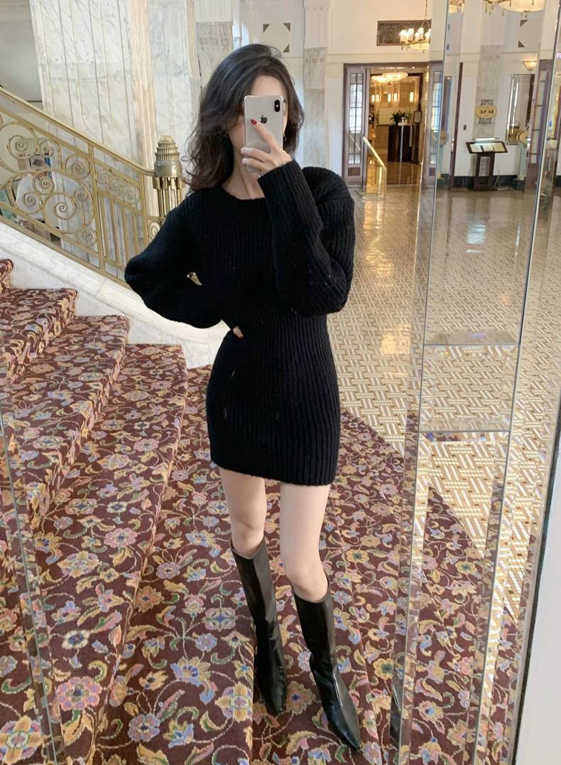 outfits Korean Style Thick Wool Knitted Skirt Dress Women's Autumn and Winter French Temperament Slim Skirt Sweater
