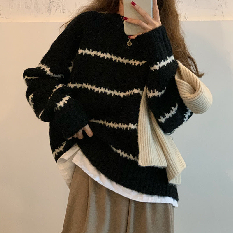 fall outfits Retro Japanese Style Lazy Loose Sweater Women's Thickened Autumn and Winter Long Sleeve Striped Half Turtleneck Sweater